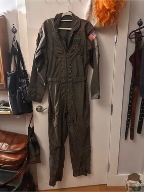 Vintage Olive Green Flight Coverall Jumpsuit with USA Flag Patch